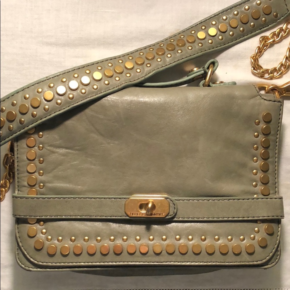Rebecca Minkoff gray leather crossbody gold chain